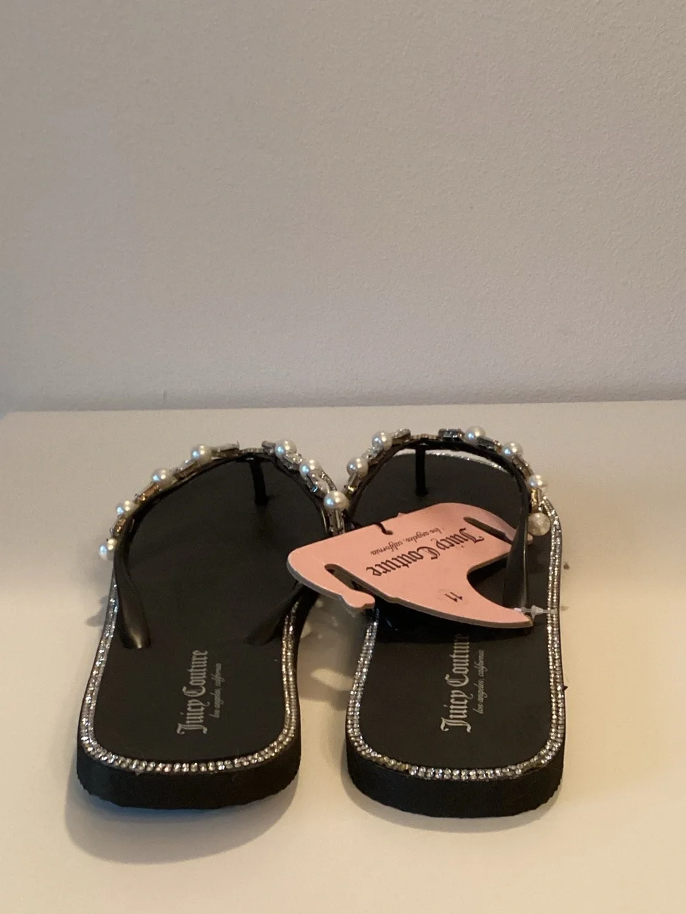 Juicy Couture Womens Black Pearl-Embellished Flip Flops Size 11